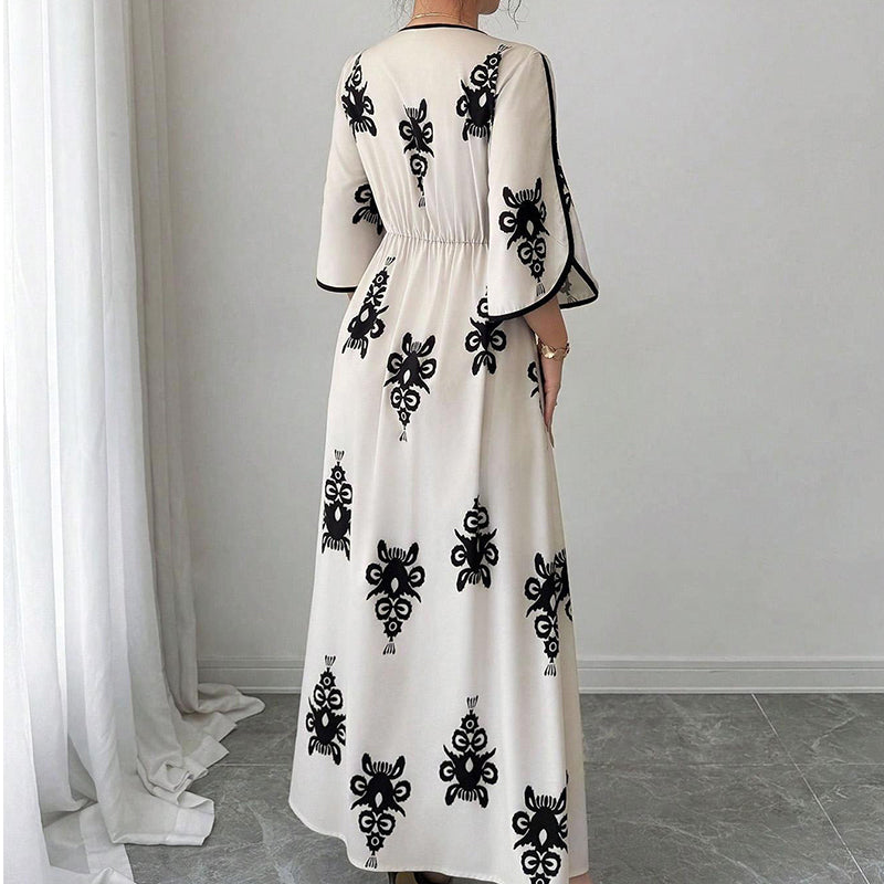 👗Elegant maxiklänning med V-ringning och mönster för damer