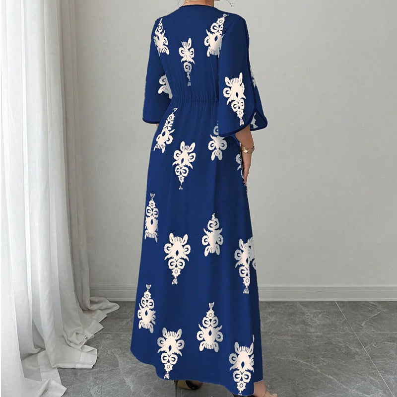 👗Elegant maxiklänning med V-ringning och mönster för damer