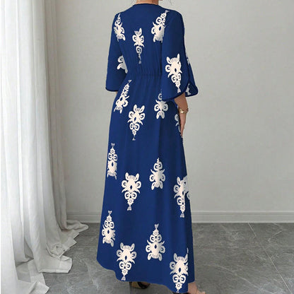 👗Elegant maxiklänning med V-ringning och mönster för damer