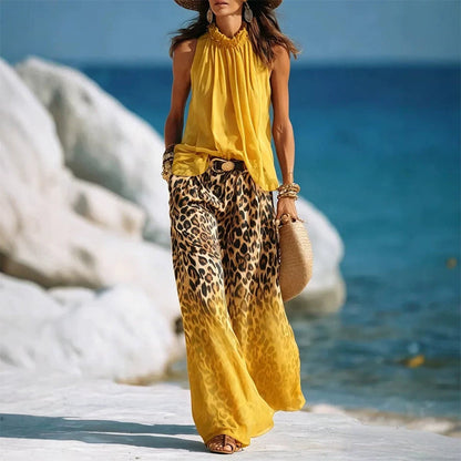 Chic halterneck leopardmönstrat byxset