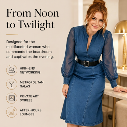 👗Midi-klänning i denim med smal passform och ståkrage – elegant och chic till vardags✨