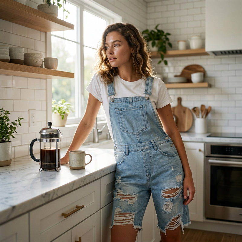 🩳 BEGRÄNSAD TID 50% RABATT! 💥 Damernas slitna denim-overall-shorts – Repad design, flera fickor, casual ✨