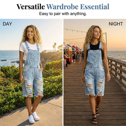 🩳 BEGRÄNSAD TID 50% RABATT! 💥 Damernas slitna denim-overall-shorts – Repad design, flera fickor, casual ✨