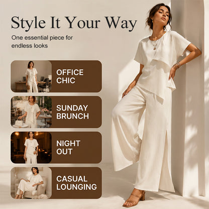 ✨ Asymmetrisk topp & vida ben-set med slits – Elegant statement