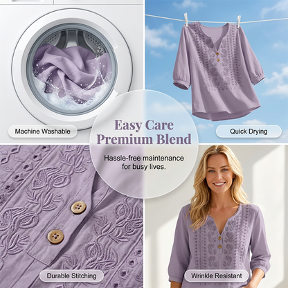 👚🌸 Broderad V-ringad topp med 3/4-ärmar