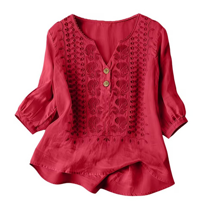 👚🌸 Broderad V-ringad topp med 3/4-ärmar