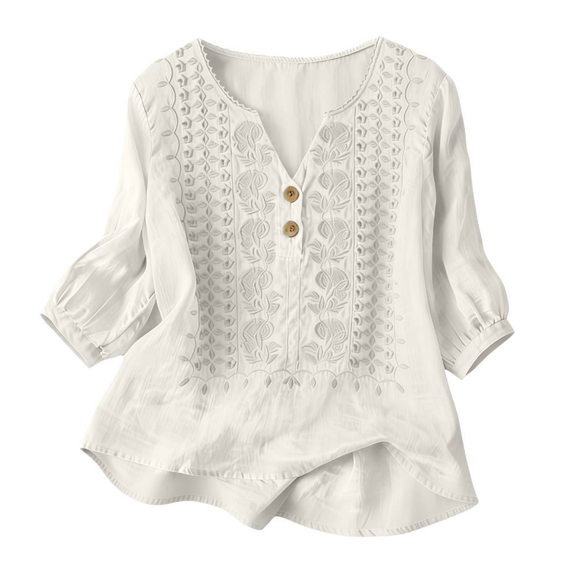 👚🌸 Broderad V-ringad topp med 3/4-ärmar