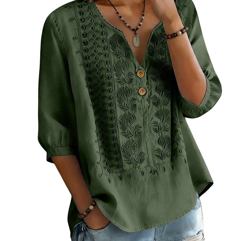 👚🌸 Broderad V-ringad topp med 3/4-ärmar
