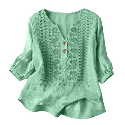 👚🌸 Broderad V-ringad topp med 3/4-ärmar