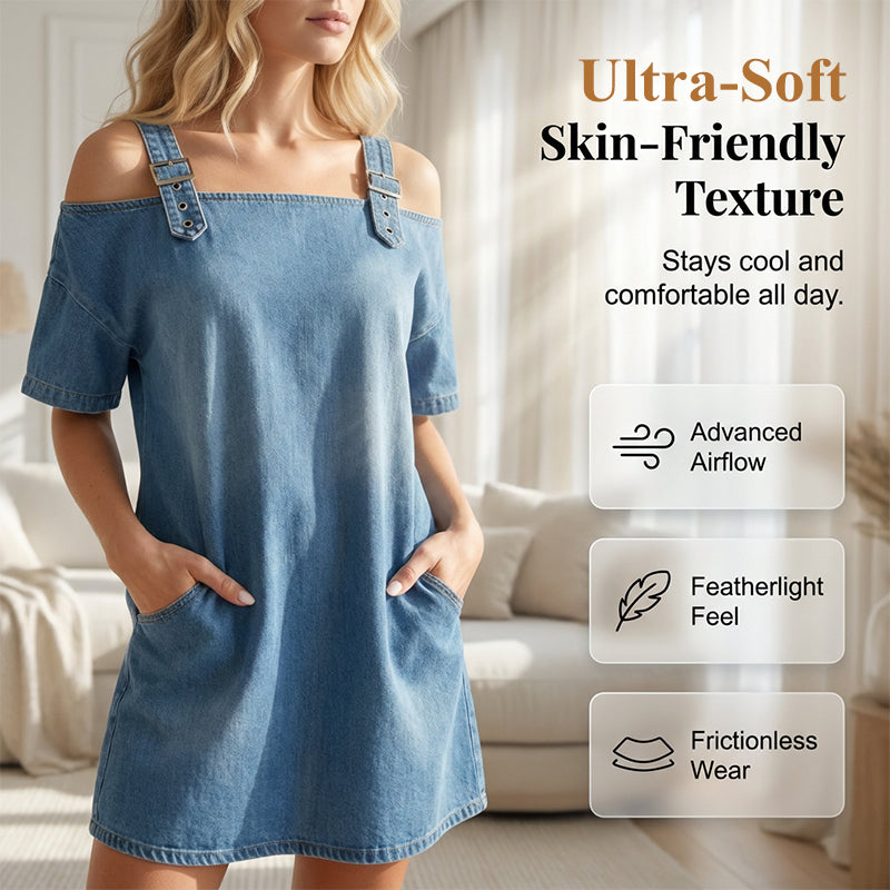 👗 50 % RABATT JUST NU! ⌛ Denimklänning för dam med justerbara spännen och fickor – Mjuk denim och avslappnad passform – Praktiska fickor, perfekt för vardagsbruk eller sommarutflykter 🌸✨
