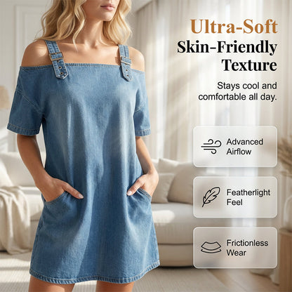 👗 50 % RABATT JUST NU! ⌛ Denimklänning för dam med justerbara spännen och fickor – Mjuk denim och avslappnad passform – Praktiska fickor, perfekt för vardagsbruk eller sommarutflykter 🌸✨