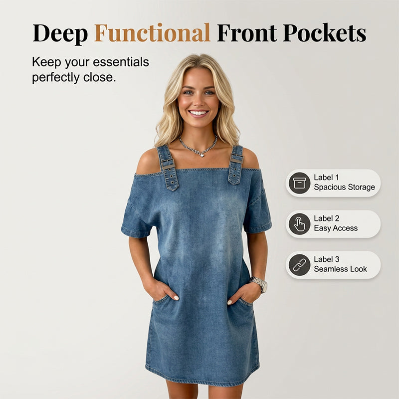 👗 50 % RABATT JUST NU! ⌛ Denimklänning för dam med justerbara spännen och fickor – Mjuk denim och avslappnad passform – Praktiska fickor, perfekt för vardagsbruk eller sommarutflykter 🌸✨
