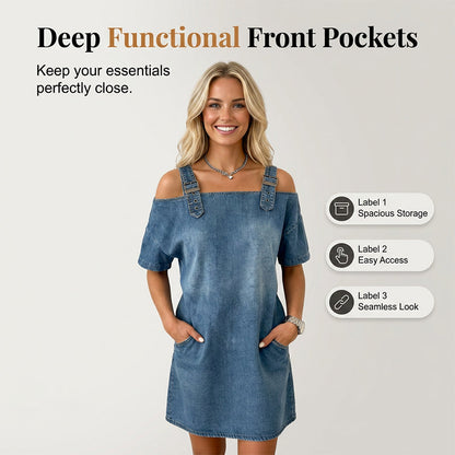 👗 50 % RABATT JUST NU! ⌛ Denimklänning för dam med justerbara spännen och fickor – Mjuk denim och avslappnad passform – Praktiska fickor, perfekt för vardagsbruk eller sommarutflykter 🌸✨