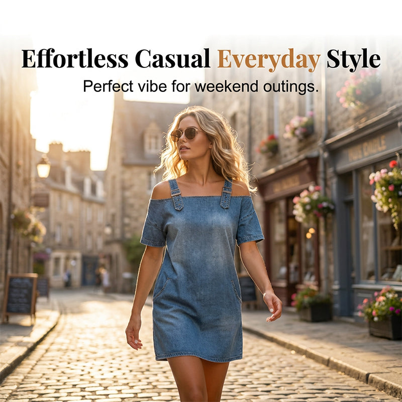 👗 50 % RABATT JUST NU! ⌛ Denimklänning för dam med justerbara spännen och fickor – Mjuk denim och avslappnad passform – Praktiska fickor, perfekt för vardagsbruk eller sommarutflykter 🌸✨