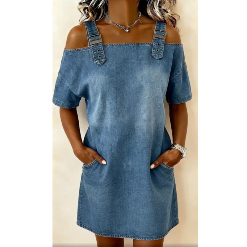 👗 50 % RABATT JUST NU! ⌛ Denimklänning för dam med justerbara spännen och fickor – Mjuk denim och avslappnad passform – Praktiska fickor, perfekt för vardagsbruk eller sommarutflykter 🌸✨
