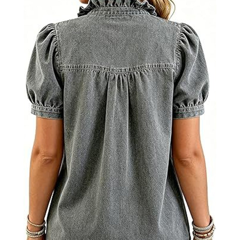 Jeansblus med volangkrage för damer