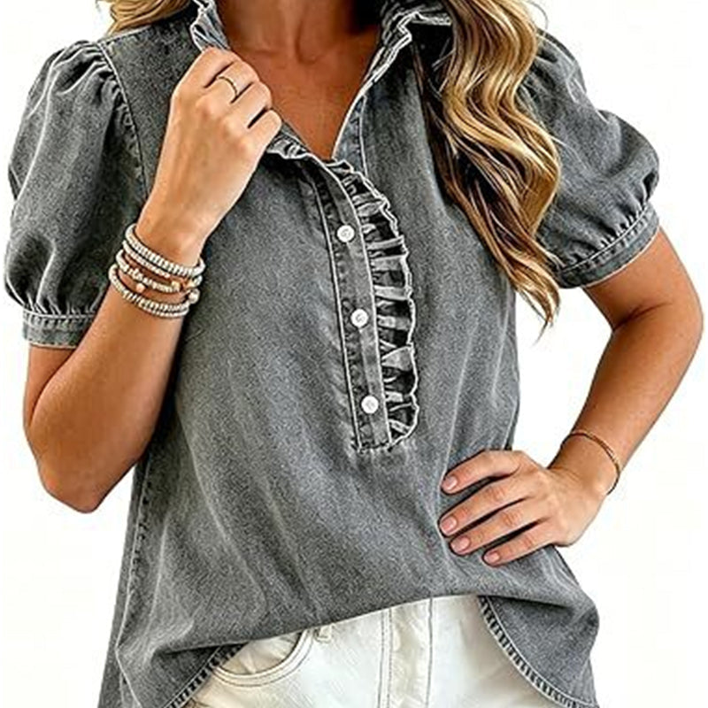 Jeansblus med volangkrage för damer
