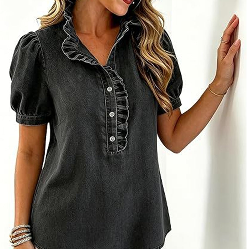 Jeansblus med volangkrage för damer