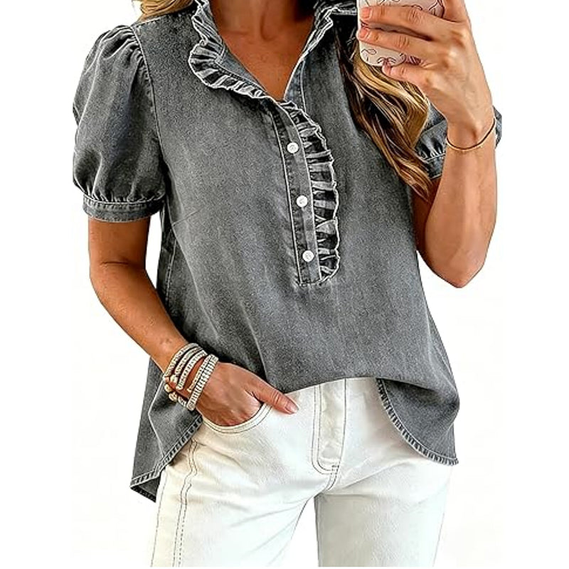 Jeansblus med volangkrage för damer