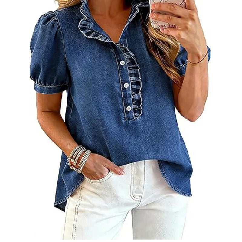Jeansblus med volangkrage för damer
