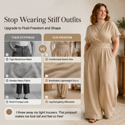 Jumpsuit för damer med korta ärmar, hög hals och vida ben