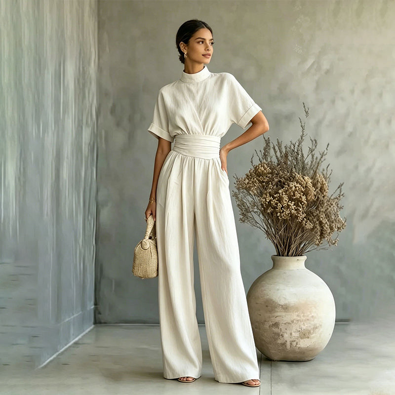Jumpsuit för damer med korta ärmar, hög hals och vida ben