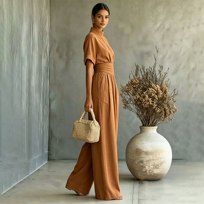 Jumpsuit för damer med korta ärmar, hög hals och vida ben