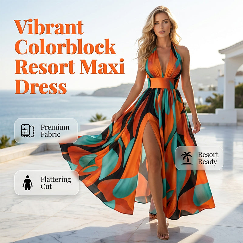 👗 50 % RABATT JUST NU! 🌸 Maxiklänning för damer med halterneck, V-ringning och slits i sidan – Luftig och lätt – Perfekt för stranden, bröllop eller sommarnätter – elegant och bekväm ✨🌊