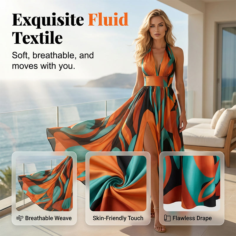👗 50 % RABATT JUST NU! 🌸 Maxiklänning för damer med halterneck, V-ringning och slits i sidan – Luftig och lätt – Perfekt för stranden, bröllop eller sommarnätter – elegant och bekväm ✨🌊