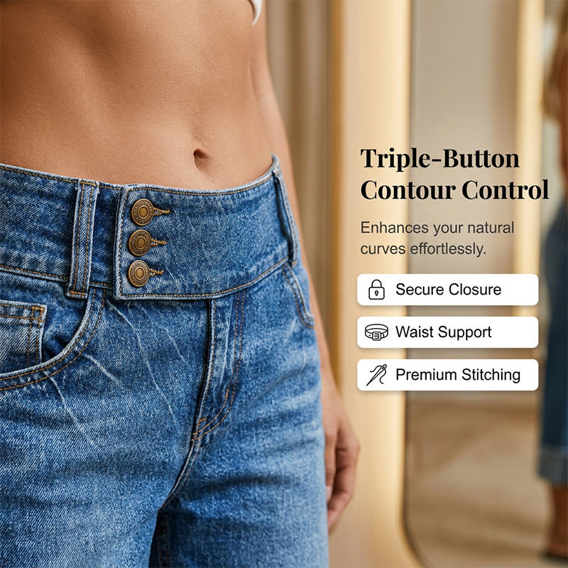 👖Nyhet💙Kortare jeans för damer med vid benöppning och hög midja med knappar