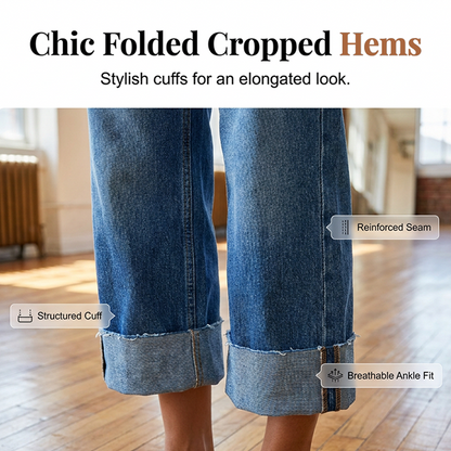 👖Nyhet💙Kortare jeans för damer med vid benöppning och hög midja med knappar