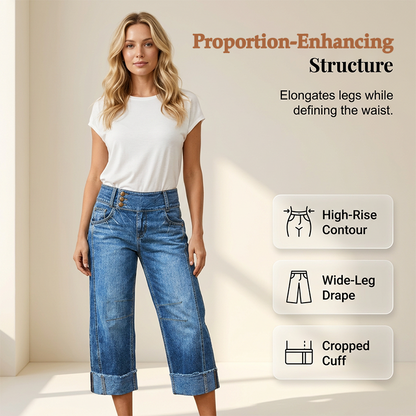 👖Nyhet💙Kortare jeans för damer med vid benöppning och hög midja med knappar