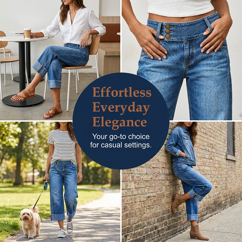 👖Nyhet💙Kortare jeans för damer med vid benöppning och hög midja med knappar