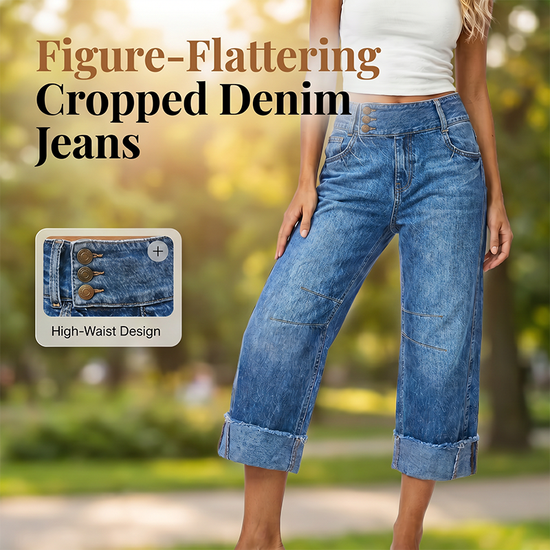 👖Nyhet💙Kortare jeans för damer med vid benöppning och hög midja med knappar