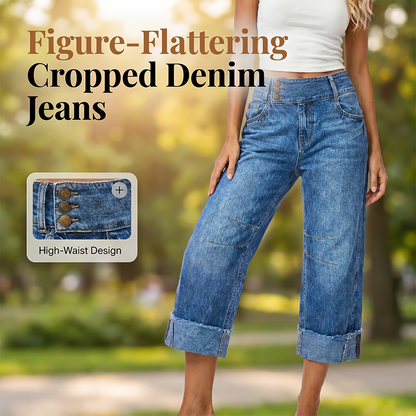 👖Nyhet💙Kortare jeans för damer med vid benöppning och hög midja med knappar