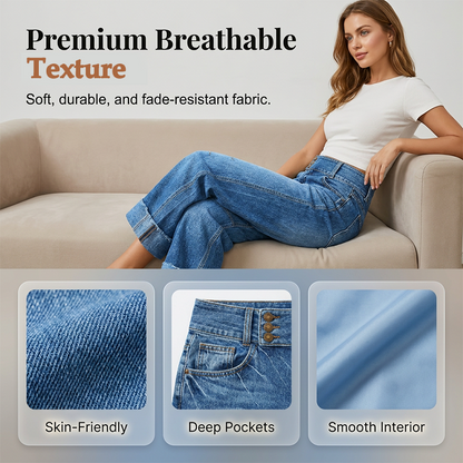 👖Nyhet💙Kortare jeans för damer med vid benöppning och hög midja med knappar