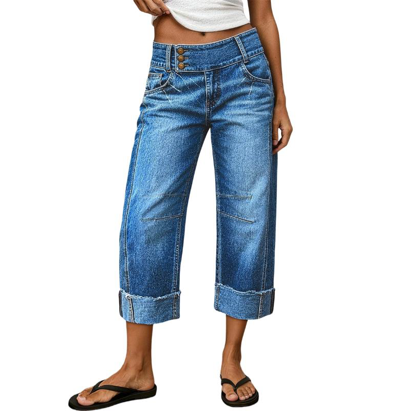 👖Nyhet💙Kortare jeans för damer med vid benöppning och hög midja med knappar