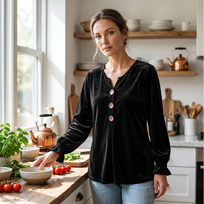 👚 Löst sittande blus med V-ringning för damer – mjuk sammet, lång ärm & andningsbar