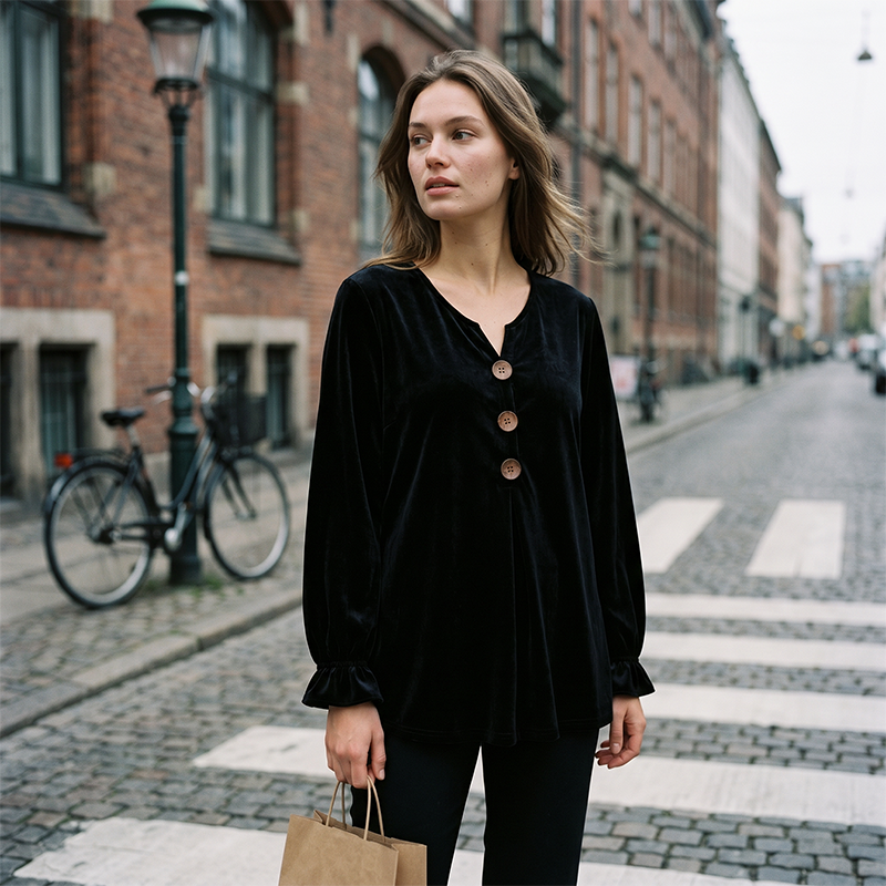 👚 Löst sittande blus med V-ringning för damer – mjuk sammet, lång ärm & andningsbar
