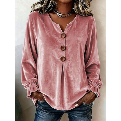 👚 Löst sittande blus med V-ringning för damer – mjuk sammet, lång ärm & andningsbar