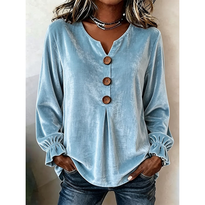 👚 Löst sittande blus med V-ringning för damer – mjuk sammet, lång ärm & andningsbar