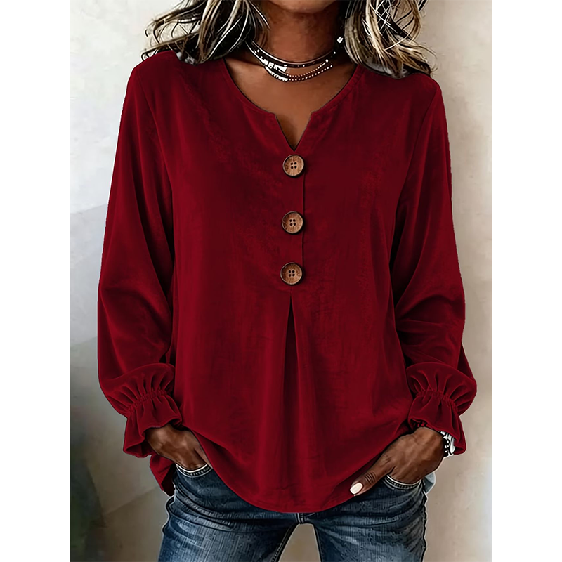 👚 Löst sittande blus med V-ringning för damer – mjuk sammet, lång ärm & andningsbar
