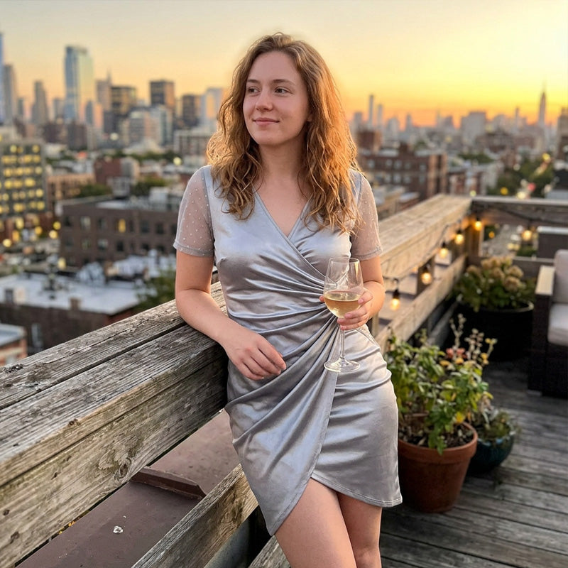 Cocktailklänning för damer med V-ringning och hög midja