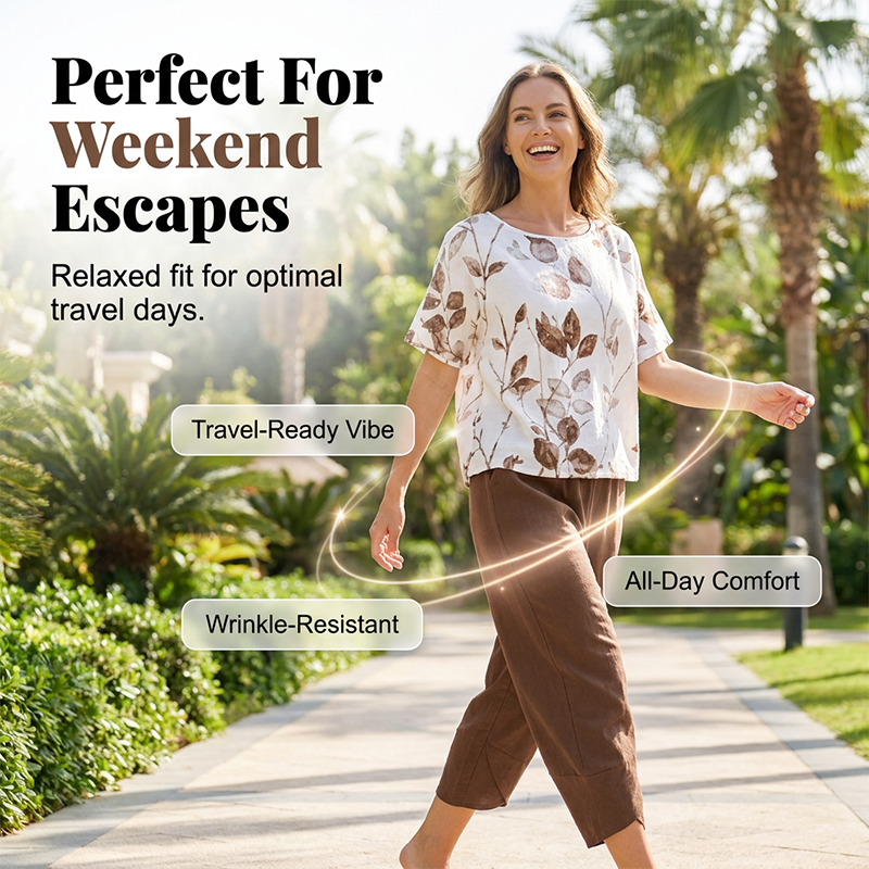 👗 50 % RABATT 🌸 Avslappnat set med mönster – Matchande topp och byxor, lätt passform – Perfekt för sommaren, resor eller en bohemchic look – bekvämt och trendigt ✨🌿