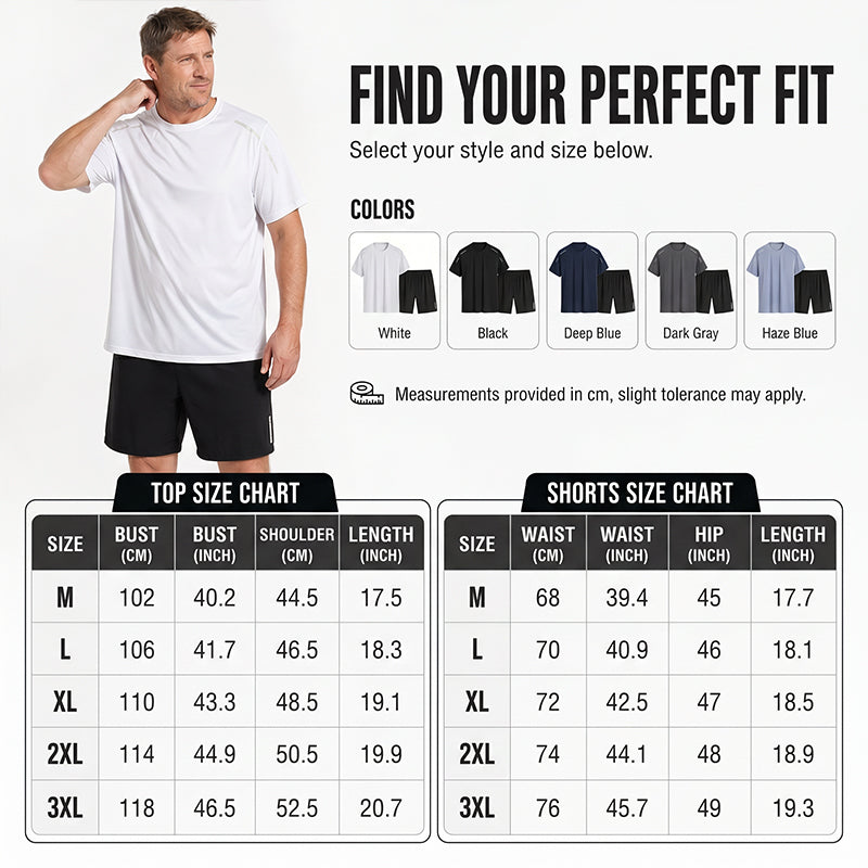 Herrset med snabbtorkande t-shirt och shorts