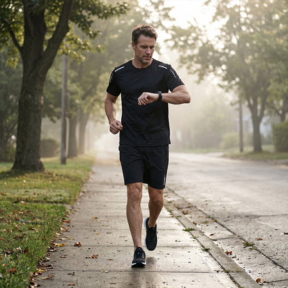Herrset med snabbtorkande t-shirt och shorts