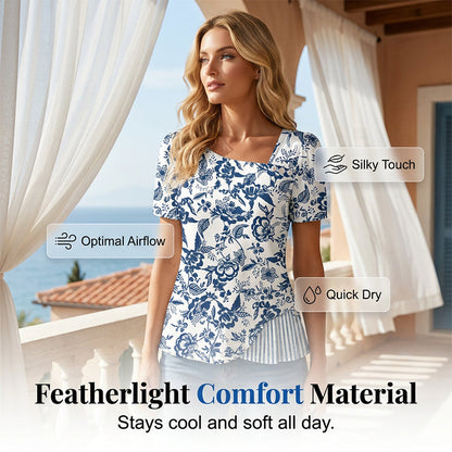 🌸 Kortärmad sommarblus med unik asymmetrisk hals
