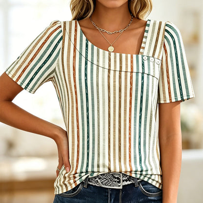 🌸 Kortärmad sommarblus med unik asymmetrisk hals