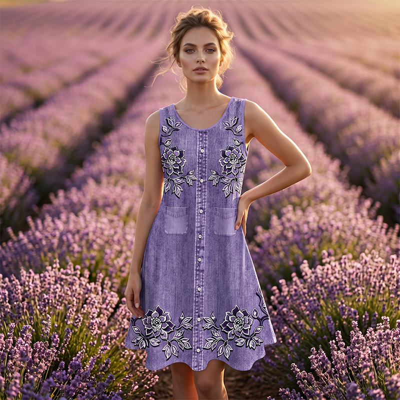 👗🌸 Kvinnlig ärmlös blomklänning i A-linje med knappar