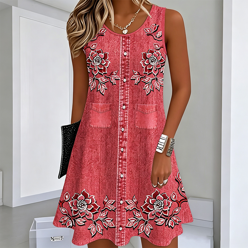 👗🌸 Kvinnlig ärmlös blomklänning i A-linje med knappar